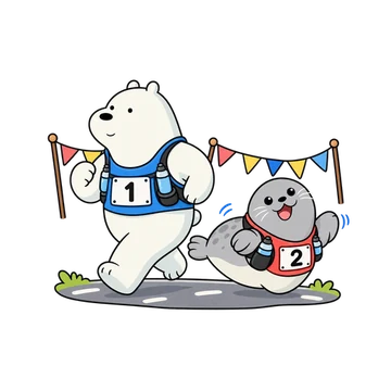 Ice Bear and Seal running in race bibs