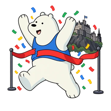 Ice Bear breaking the finish tape